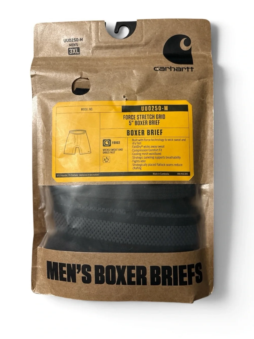 Carhartt Men's Black Boxer Briefs - Force Stretch Grid. 3XL or 4XL